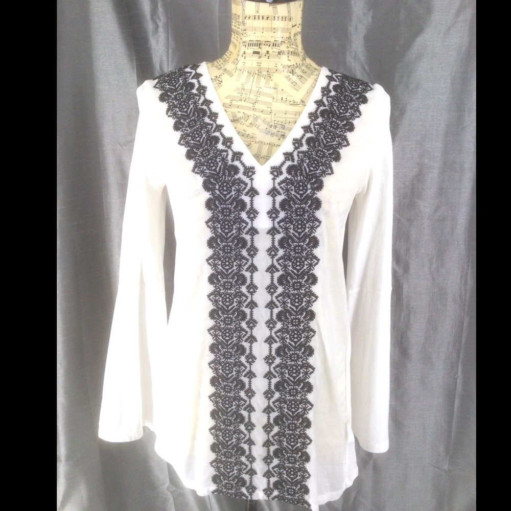 Michael Kors XS White with Black Embroidery , Bell long sleeve Blouse